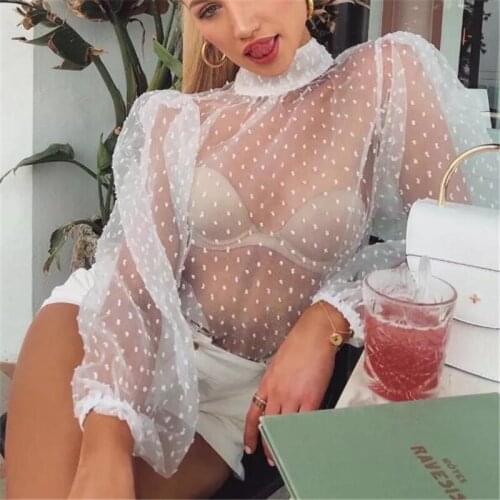 Spring Summer Pure Perspective Blouse For Women Puff Sleeve Shirt Female Elegant Fashion 2019 New Tide Female Hollow Thin Blouse