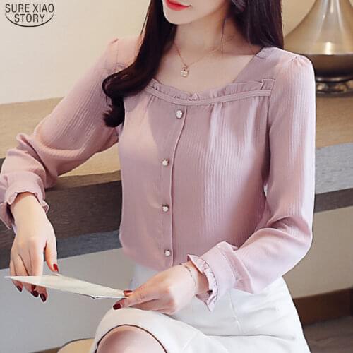 Sweet Fashion O Neck Autumn Pink Shirts Women Korean Long Sleeve Chiffon White Blouse Women 2021 New Tops Chemise Femme 15629