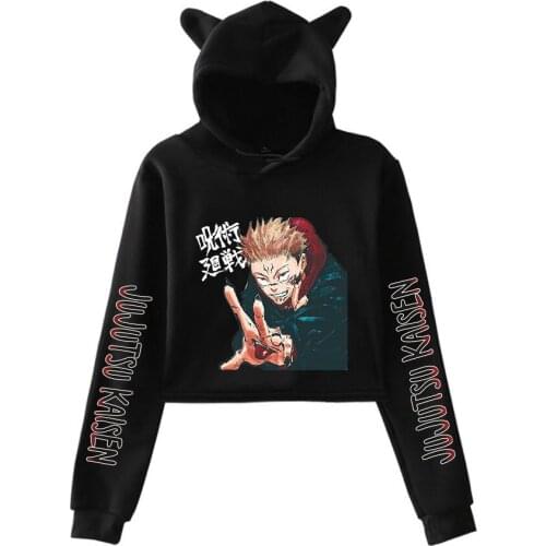 Jujutsu Kaisen Clothes Girls Casual Cat Cropped Hoodies Women Long Sleeve Hooded Pullover Crop Top Female Streetwear Hoody Tops