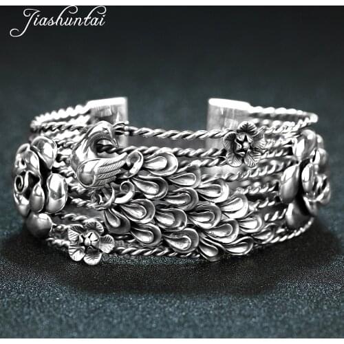 JIASHUNTAI Retro 925 Sterling Silver Bangles For Women Peacock Phoenix Flower Vintage Silver Jewelry Female Handmade Opening