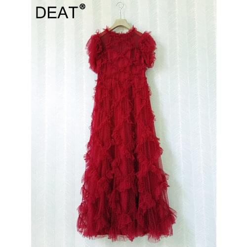 DEAT Woman Maxi Dress Organza Ruffles Short Petal Sleeve Elegant Banquet Vintage Style Dresses 2021 New Autumn Fashion 15JK071