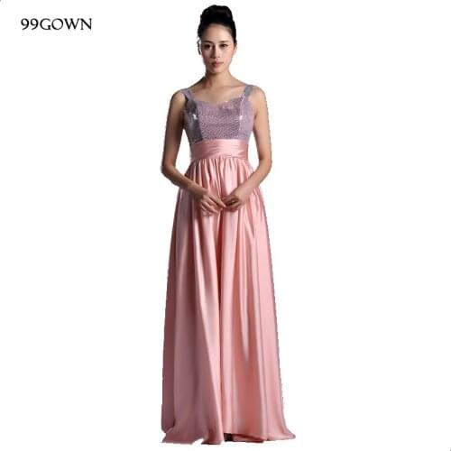 99GOWN Pink Chiffon Long Dresses For Women 2019 Wedding Party Dress Luxury Sequined Spaghetti Strap Bridesmaid Dresses