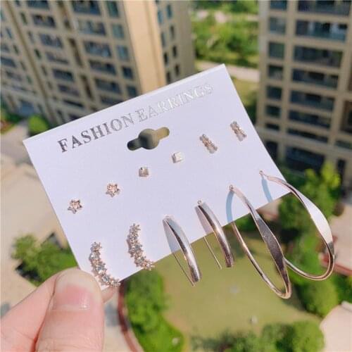 Rose Gold Color 6Pairs/Sets Circle Stud Earrings Set Fashion Round Irregular Crystal Star Stud Earrings For Women Jewelry Gift