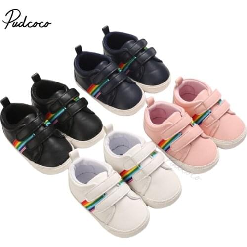 Baby Rainbow Striped Sneakers, Anti-Slip Soft Sole Crib Shoes with Adjustable Straps