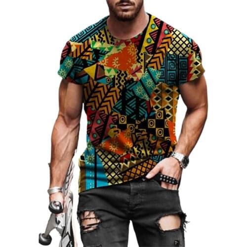 T-Shirts Men Slim T-shirt Ethnic Print Slim Pullover Men Short Sleeve O Neck Top for Summer Mens Clothing 2021