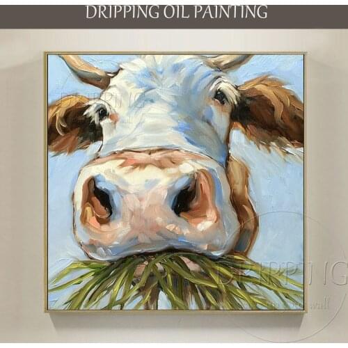 Free Shipping Funny Design Artist Hand-painted Cow Oil Painting Modern Animal Cow Eating Grass Oil Painting for Living Room
