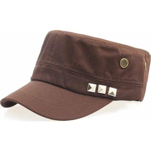 Cotton military style flat top cap for men rivets army green brown beige black