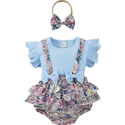 Pudcoco Toddler Short Sleeve Romper + Suspender Shorts + Bow Headband Sunflower Print Summer Baby Girl Clothes