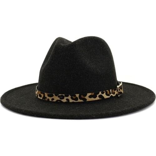 Unisex Flat Brim Wool jazz Fedora Hats With Leopard Grain Belt Women Men Cap