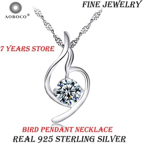 Real 925 Sterling Silver Bird Big Single Crystal Pendant Necklace Plain Romantic Choker For Women Girl