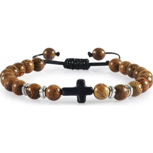 Natural Wood Beads Cross Braided Bracelet Adjustable Tiger Eye Lava Beaded Bangle For Women Men Yoga Prayer Buddha Jewelry Homme