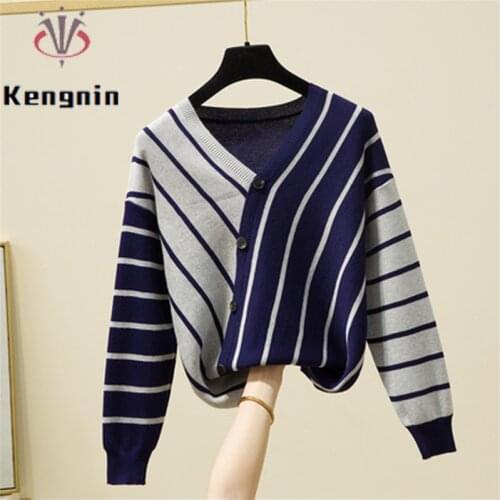 Autumn Winter Women Striped Sweaters Tops Loose V-Neck Knitted Female Pullovers Long Sleeve Patchwork Color Lady T-Shirts KE1892