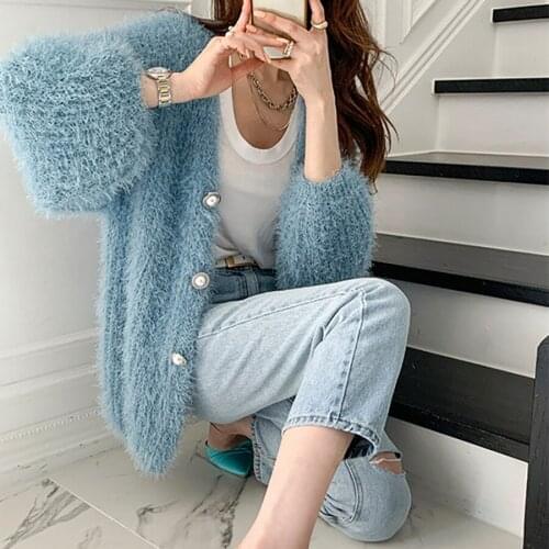 Autumn Winter Women V Neck Cardigan Knitted Mohair Sweater Coat Long Sleeve Vest Thicken Crochet Outerwear
