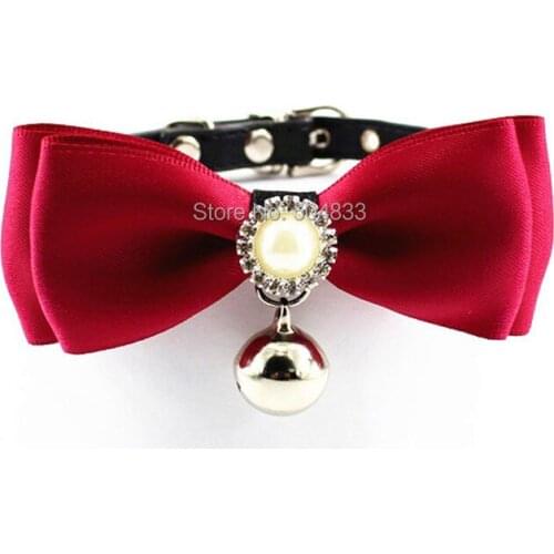 Bling Cats Collar With Bell Big Pearl Kitten Small Dog Collars With Satin Bow XS S Red Pink Blue Green