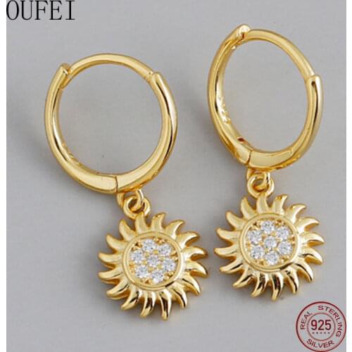 OUFEI 925 Sterling Silver Earring For Women Round Sun Earrings Crystal 925 Silver Jewelry Round Boutique Earring Accessories