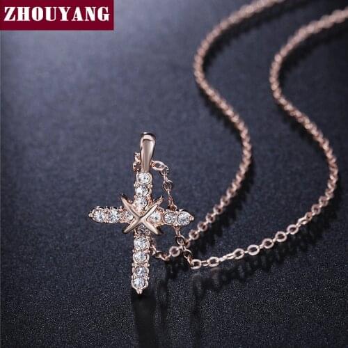 ZHOUYANG Cross Necklace Rose Gold Color Pendant Necklace CZ Jewelry For Women Men Party Pray ZYN451