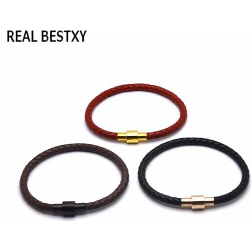 REAL BESTXY 3pcs/lot 5mm genuine leather bracelets with stainless steel magnet clasp real leather bracelets wholesale bangle