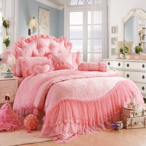 Silk Cotton Jacquard Satin Luxury Wedding Bedding Set Lace Quilt/Duvet Cover Bedspread Bed Skirt Pillowcases Queen King Size