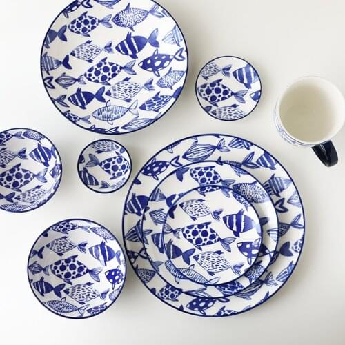 Blue Ocean Series Navy Fish Underglazed Tableware Western Plate Ceramic Rice Bowl Set