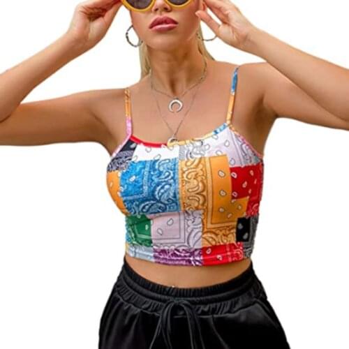 Womens Color Blocking Sling Tops, Sleeveless Low Neck Fashion Printing Bustier, Short Vest Clothes for Summer