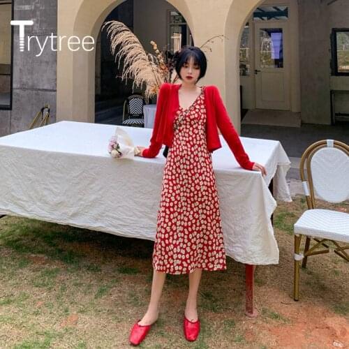 Trytree Spring Autumn Women Two piece sets Casual Solid Knitting Cardigan Top + Sling Dress Print Mid-Calf Fashion 2 Piece Set