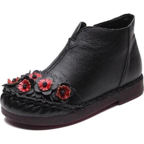 2021 New Spring Classic Flowers Cowhide Leather Shoes Women Boots Warm Winter Boots Ankle Boots Flat Non-slip Women Shoes Boots