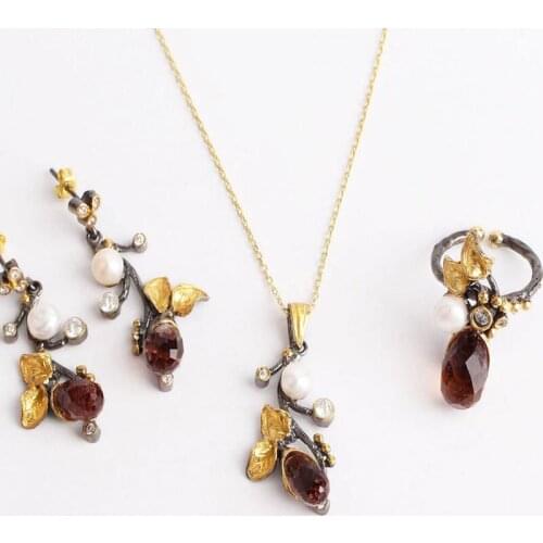 Drop Pearl Leaf Zultanite Jewelry Set Gold Plated,Woman Silver Zultanite Ring+Necklace+Earrings,Handmade Woman Silver