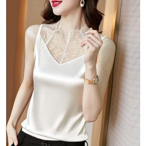 Ladies silk vest 100% silk satin sleeveless satin lace stitching half high neck vest 2020 summer elegant vest