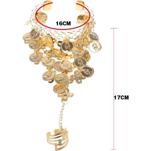 Lady Belly Dance Gold/Silver Coin Link Metal Ring To Wrist Bracelet Necklace LX9E
