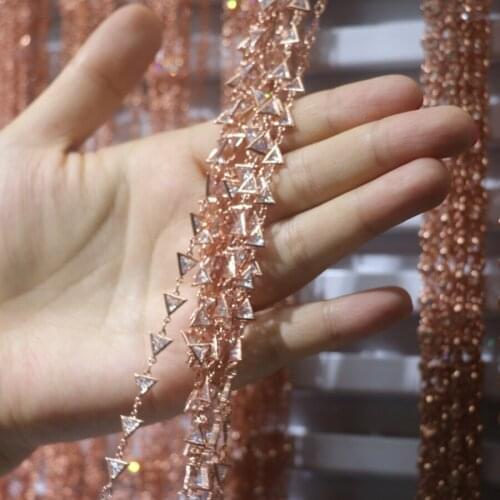 1M Faceted Gunemtal Rose Gold Zircon Chain Wholesale Gem stone Chain Wire Wrapped Plated Triangle Hollow with CZ Beads Findings
