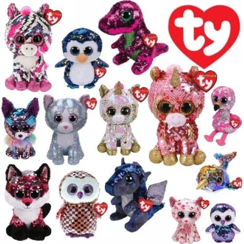 15cm Ty Beanie Stuffed Plush Animals Doll Sparkling Unicorn Giraffe Bat Pony Fox Big Eye Sequins Soft Toys Girl Birthday Gift