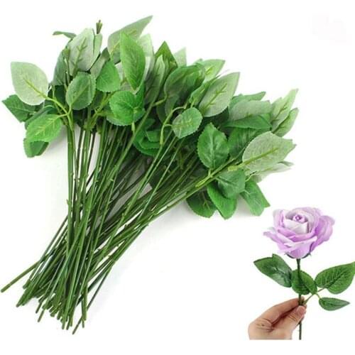50Pcs Soap Rose Flower Pole Iron Wire Green Leaf Vases For Home Decor Christmas Decorative Flowers Wreaths ValentineS Day Gift