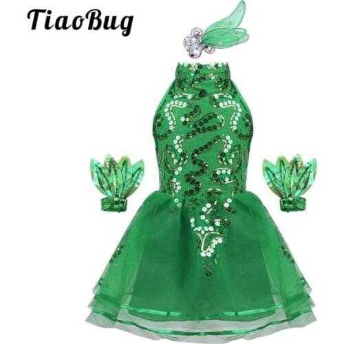 TiaoBug Kids Girls Sleeveless Shiny Sequined Ballet Tutu Dress Child Stage Jazz Dance Costume Mesh Dress Headwear Wristband Set