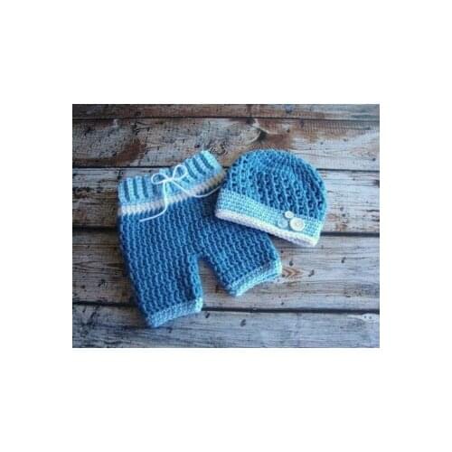 Free shipping,Handmade Crochet Beanie hat and Pants in blue Knitted baby sets Photogarphy Props 100% cotton