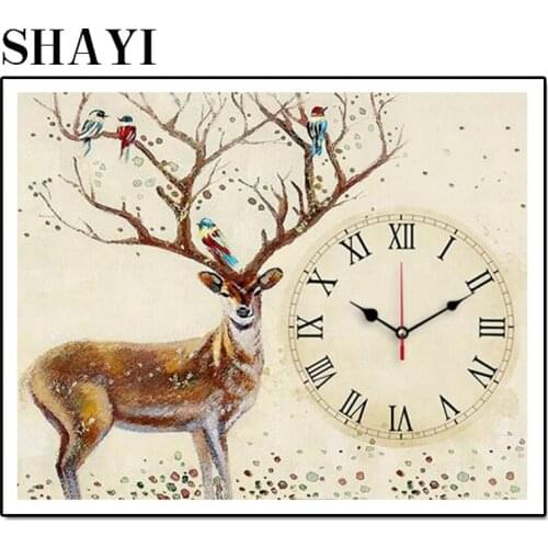 Homemade Wall Clock 5D Deer Rhombic Cross Stitch Rose Watch Full Dimaond Embroidered Diamond Mosaic Rhinestone. LUOVIZEM L157
