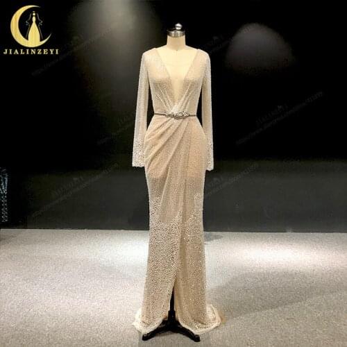 JIALINZEYI Real Image Luxurious Long Sleeves Sequins High Quality Mermaid Formal Dresses Evening Dress 2019
