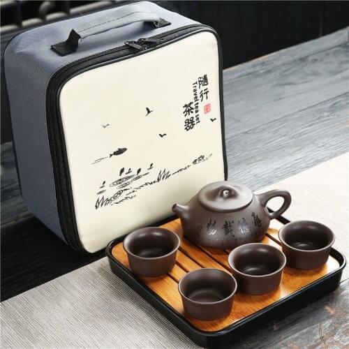 Travel Purple Sand Small Japanese Tea Set Family Simple Portable Outdoor Kungfu Retro One Pot Four Cups Teawear Gift For Friend