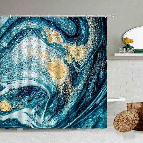 Marble Abstract Stripes Shower Curtain Ink Liquid Blue Gold Line Bathroom Bathtub Decoration Waterproof Toilet Partition Screen