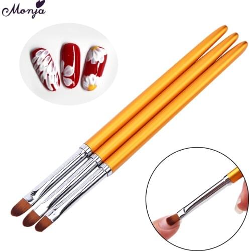 Monja 3pcs Nail Art Metal Handle Brush Set Flower UV Gel Builder Painting Drawing Brushes Pen Manicure Tool