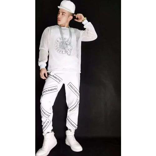 New Male Singer DJ Nightclub Hip-hop Letters gauze Sport Suit Costumes Mens clothing 3 pieces set Sweatshirts)