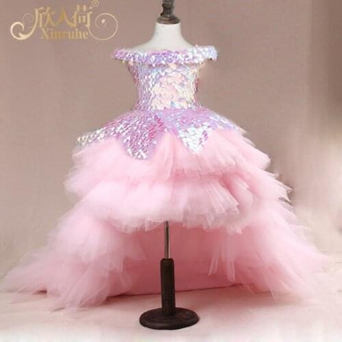 Real Picture Off Shoulder Pink Sequin High Low Tulle Children Girls Birthday Party Dresses Girls Celebrity Tutu Dresses Gowns