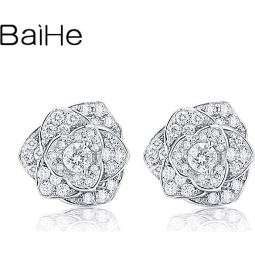 BAIHE Solid 18K White Gold 0.50ct H/SI Round CUT Natural Diamonds Wedding Trendy Fine Jewelry rose Earrings Women сережки 2020