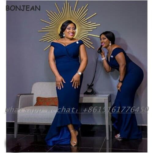 Blue Bridesmaid Dresses 2021 Mermaid Off-The-Shoulder Elastic Satin African Bridesmaid Dress Plus Size for Women Wedding