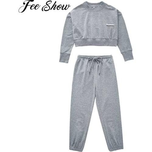 Kids Sports Outfits Clothes Girls Gym Workout Tracksuits Long Sleeves Crop Top Elastic Waist Long Pants Solid Casual Sports Sets