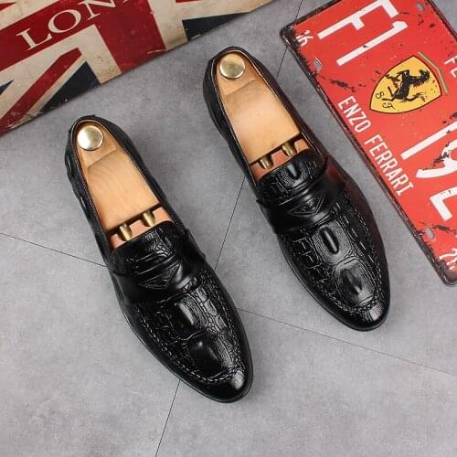Mens fashion wedding party dresses natural leather shoes slip on smoking slippers black lazy shoe crocodile pattern man loafers
