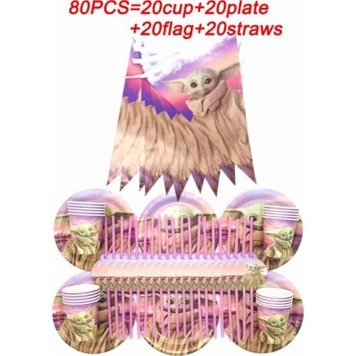 Yoda Baby Birthday Decorations Banner/Flags Supplies Child Mandalorian Birthday Party Pink Paper Cups Plates Straws Tableware