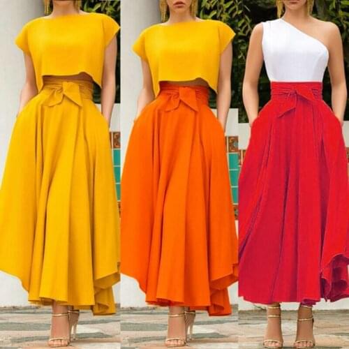 Fashion Womens Ladies Solid Color Bandage Pleated Cocktail Party High Waist Summer A Line Skirts With Pocket