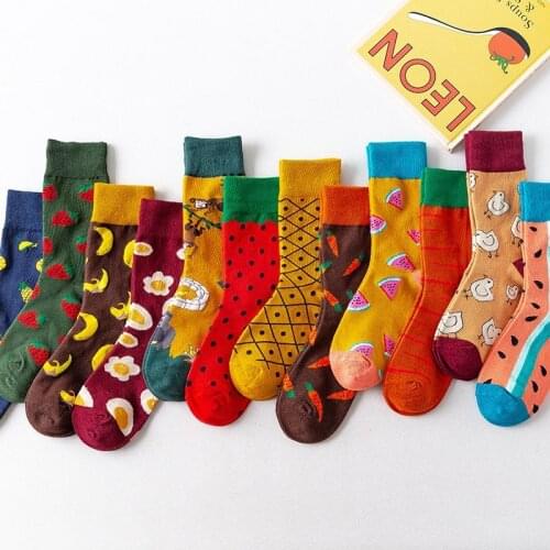 Hot Sales Funny Socks Women Casual Cartoon Fruit Banana Avocado Lemon Egg Cookie Donuts Happy Japanese Harajuku Skateboard Socks