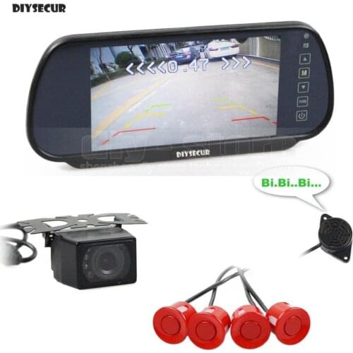 DIYSECUR 7inch Rear View Car Mirror Monitor + Video Parking Radar + IR Night Vision Car Camera Parking Sensor Assistance System