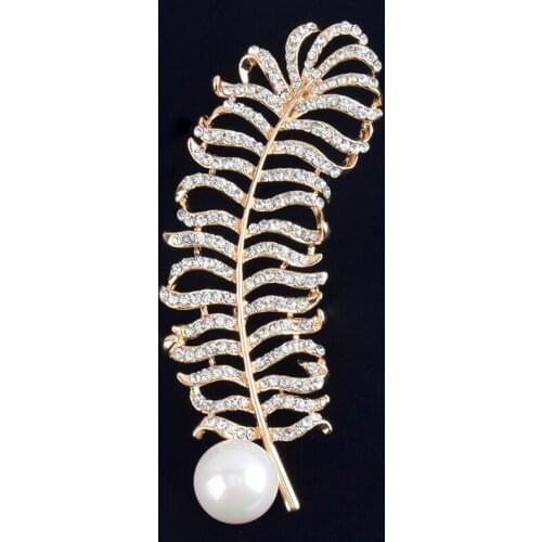 Free Shipping Beautiful Full Rhinestone CZ Hollow Feather With White Simulate Pearl Women Brooch